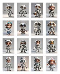 Poster - A grid showcases diverse cartoon robots. Some have human-like features, pilot helmets, and playful poses, all rendered in a whimsical, digital art style.