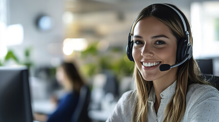 Poster - smiling call center agent wearing headset in modern office