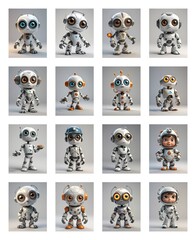 Poster - A grid of sixteen cartoon robots with varied eye colors and antenna styles, some wearing helmets, all on a clean white background.