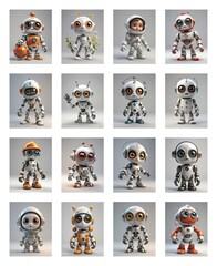 Poster - A grid of sixteen charming cartoon robots in various poses, showcasing a palette of white, gray, orange, red, and yellow with prominent eyes.
