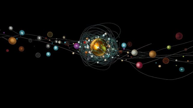 A virtual reality representation of subatomic particles, with the proton labeled and highlighted