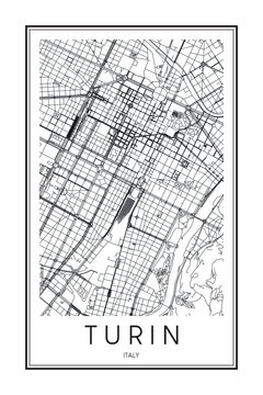 Printable downtown road map poster of the Italian city of TURIN on solid white background with city name