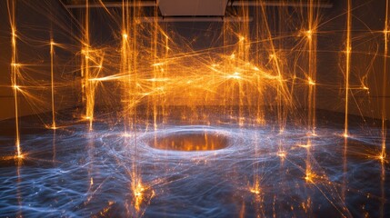 Poster - A visual showing protons in a cloud chamber, tracing their paths with charged particle trails.
