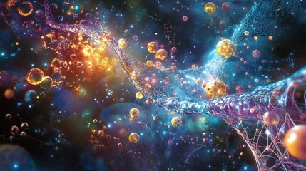 Poster - dna strand surrounded by chemical components and energy fields, emphasizing biological chemistry