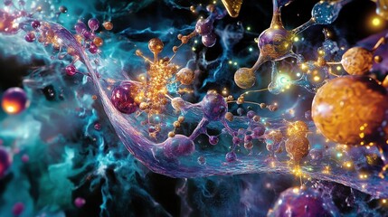 Poster - dna strand surrounded by chemical components and energy fields, emphasizing biological chemistry