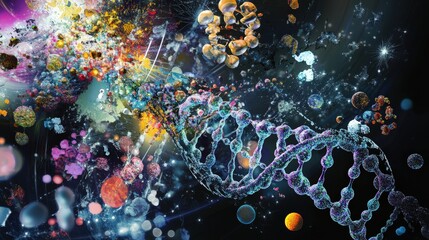 Poster - dna strand surrounded by chemical components and energy fields, emphasizing biological chemistry
