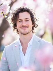 Wall Mural - A professional photo of a cheerful man with tousled hair, standing under a blooming cherry