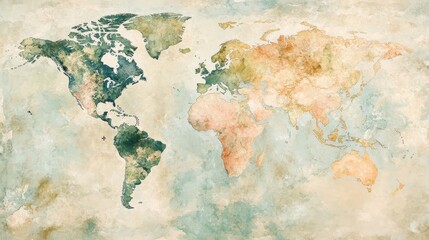 Poster - A watercolor-style world map where each continent is filled with soft, flowing colors