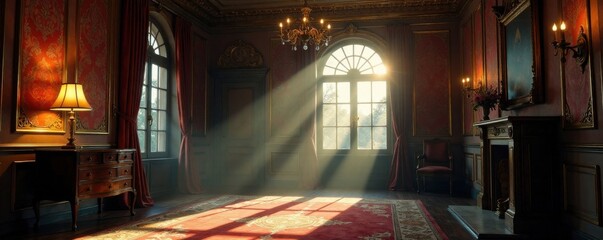 elegant antique room aglow with moonbeams, refined silhouettes against opulent backdrop, subtle shad