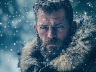 Wall Mural - A professional photo of a rugged, bearded man in a heavy fur-lined winter coat, standing in a snowy forest