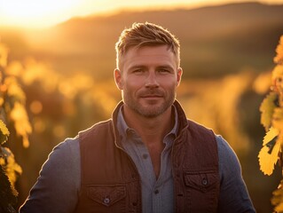 Wall Mural - A professional photo of a strong, charismatic man with short sun-bleached hair, standing near a vineyard