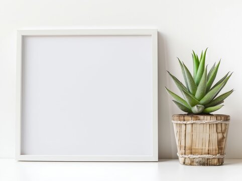 White frame mockup with a potted succulent on a white surface