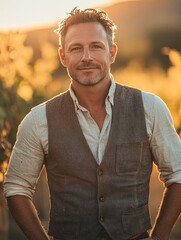 Wall Mural - A professional photo of a strong, charismatic man with short sun-bleached hair, standing near a vineyard