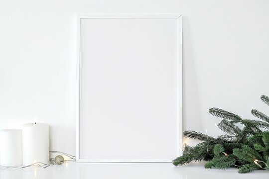 White frame mockup with pine branches and candles on a white table