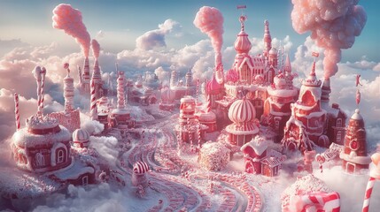 Poster - A whimsical digital art piece of a city made entirely of candy, with candy cane streets, chocolate buildings, and sugar clouds, creating a fantastical, dream-like world.