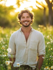 Wall Mural - A professional photo of a warm, confident man with a radiant smile, standing in a lush green field