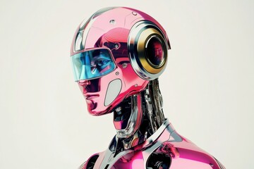 Poster - Advanced humanoid robot with metallic finish and visor stands against a plain background