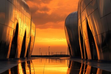 Aufkleber - Massive industrial gas storage tanks reflect warm sunset hues against an orange sky. Generative AI