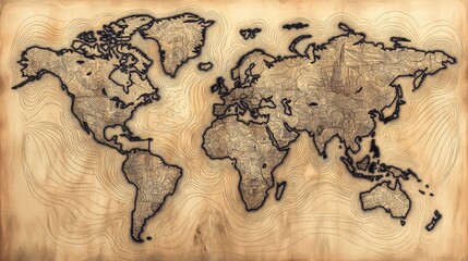 Poster - A world map with a retro design, where each continent is filled with intricate line work and geometric patterns