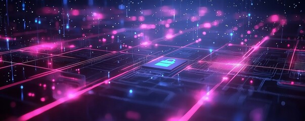Poster - Futuristic circuit board illustration in vibrant tones of blue and red