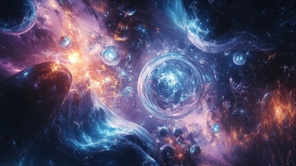 Poster - abstract shapes floating in space, with glowing edges and various sizes, forming a mesmerizing visua