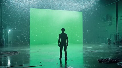 Poster - green screen for a sci-fi movie, where futuristic cities and alien landscapes will be digitally inse