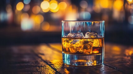 Poster - Golden whiskey served on the rocks in a dimly lit bar with blurred lights creating a cozy atmosphere. Generative AI