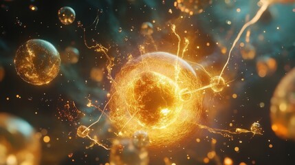 Poster - protons and electrons creating hydrogen atoms in a glowing plasma state.