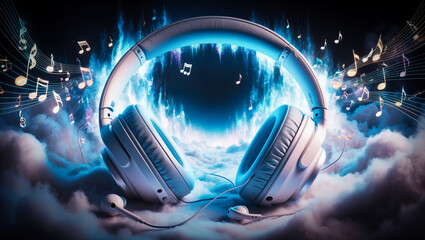 Wall Mural - headphones in an abstract composition. concept of modern music listening.
