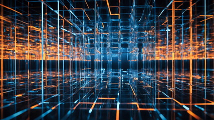 Poster - Interconnected transparent cubes in an abstract technology composition