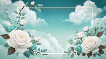 Wall Mural - elegant decorative frame surrounded by clouds and white roses