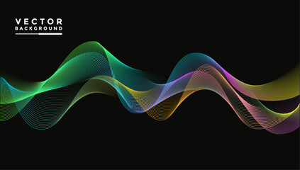 Aufkleber - Smooth wavy lines, bright gradient colors, green, blue, pink, yellow, small wave elements, black background, designed with soft but elegant textured materials.