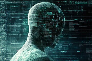 Poster - Digital human figure surrounded by green data streams and binary code in a virtual environment
