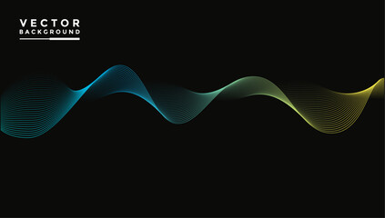 Aufkleber - Smooth wavy lines Bright gradient colors, blue, yellow, small wave elements, black background, designed with soft yet luxurious textured materials.