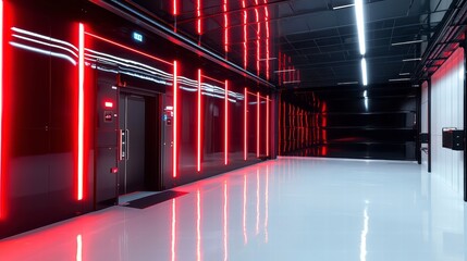 Poster - neon corridor: futuristic interior view of a corridor bathed in red neon light. the space is modern 