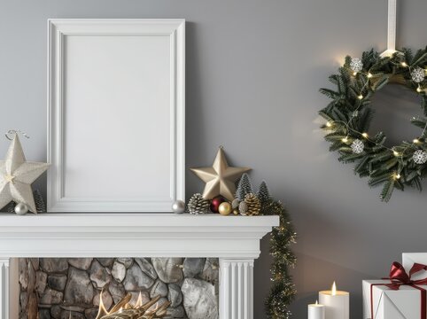 A white framed poster mockup with a Christmas wreath and decorations on a fireplace mantle