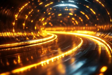 Poster - Illuminated tunnel with glowing lines and reflections creating a mesmerizing abstract visual experience