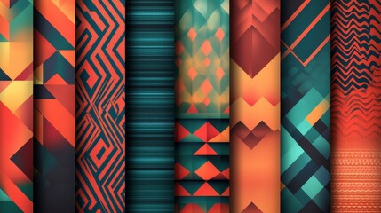 Poster - bright geometric patterns in various colors, including red, orange, and teal, layered on top of each