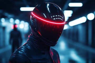 Poster - Futuristic figures with glowing helmets walking in an illuminated corridor at nighttime in a high-tech setting