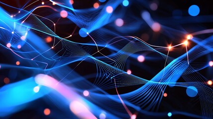 Fototapete - Abstract Blue Network Background with Glowing Lines and Dot Structures Technology