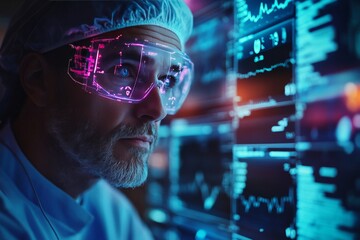 Poster - Scientist analyzing data in a high-tech laboratory with augmented reality glasses at night