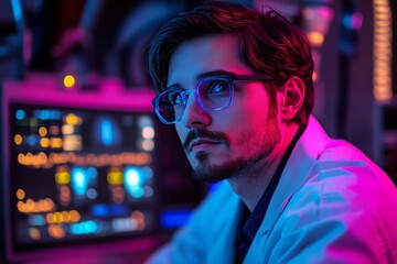 Poster - Scientist working in a high-tech lab with colorful lighting and advanced equipment during evening hours