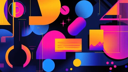 Poster - geometric shapes in bright neon colors layered over a dark background, creating a contrast that adds