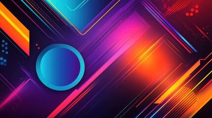 Poster - geometric shapes in bright neon colors layered over a dark background, creating a contrast that adds