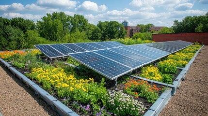 Poster - green roofs that integrate solar panels to create energy-efficient buildings, reducing heating and c