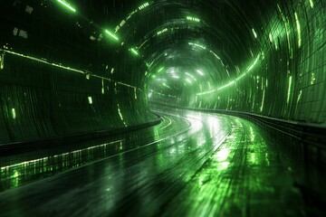 Poster - Curved tunnel illuminated in green light with wet reflective surfaces