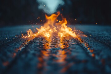Poster - Flames ignite on a wet road at dusk creating a dramatic visual display of fire and water elements