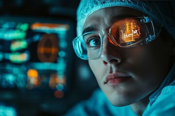 Poster - Young scientist working intensely on advanced technology in a high-tech lab setting during nighttime hours