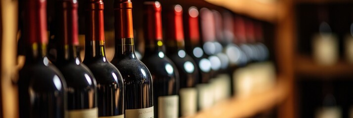 Aufkleber - Red wine bottles neatly arranged on wooden shelves in a cozy wine cellar. Generative AI