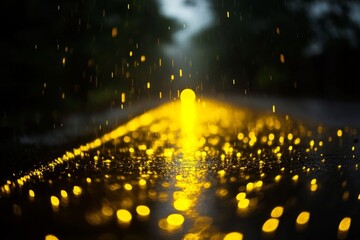 Poster - Rain creates golden reflections on wet pavement during a moody evening in an urban environment